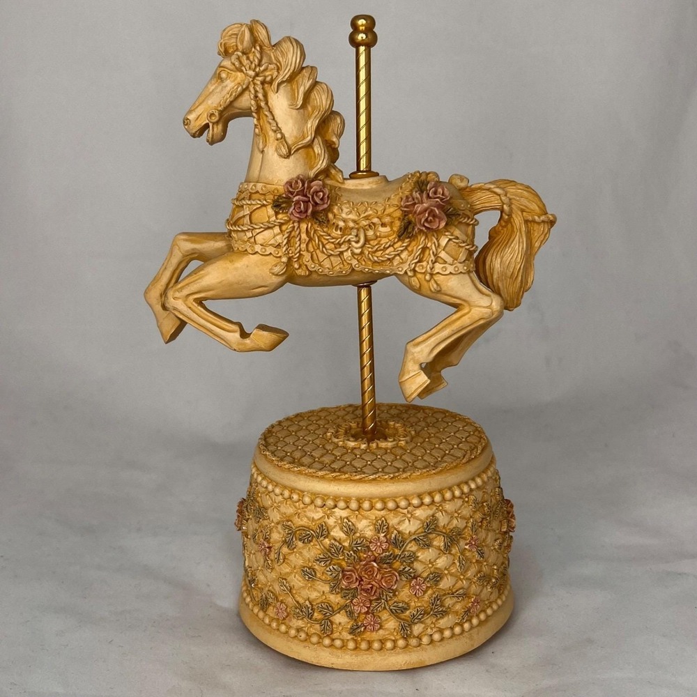 Vintage Carousel Horse Music Box WORKING Carousel Waltz Floral Gold Tone